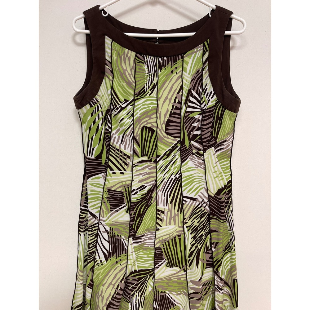 Sandra Darren Green Brown Abstract Palm Print Sleeveless Midi Dress Size 8